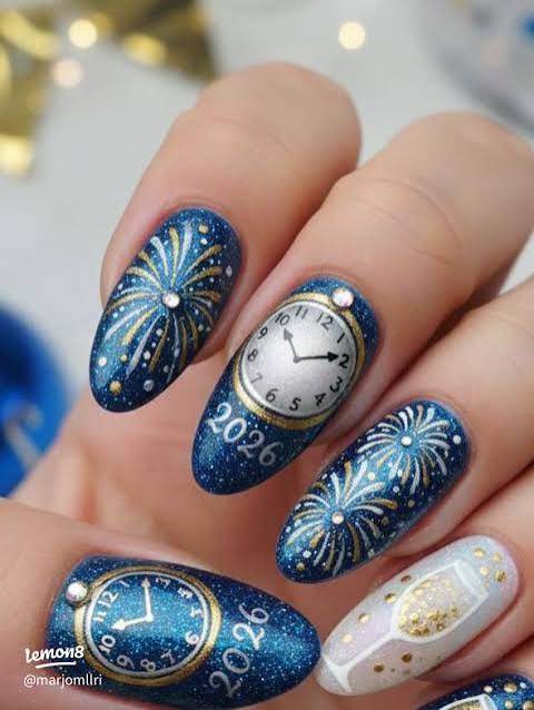 Medium Oval Sparkly Blue Clock Year Nails Medium Oval Sparkly Blue Clock Year Nails — New Years Eve Nails 2027