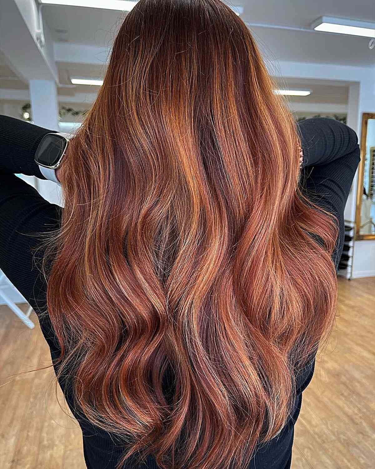 Layers Mid-Back Waves Warm Auburn Copper Golden Highlights Layers Mid-Back Waves Warm Auburn Copper Golden Highlights — Winter Auburn Hair Color