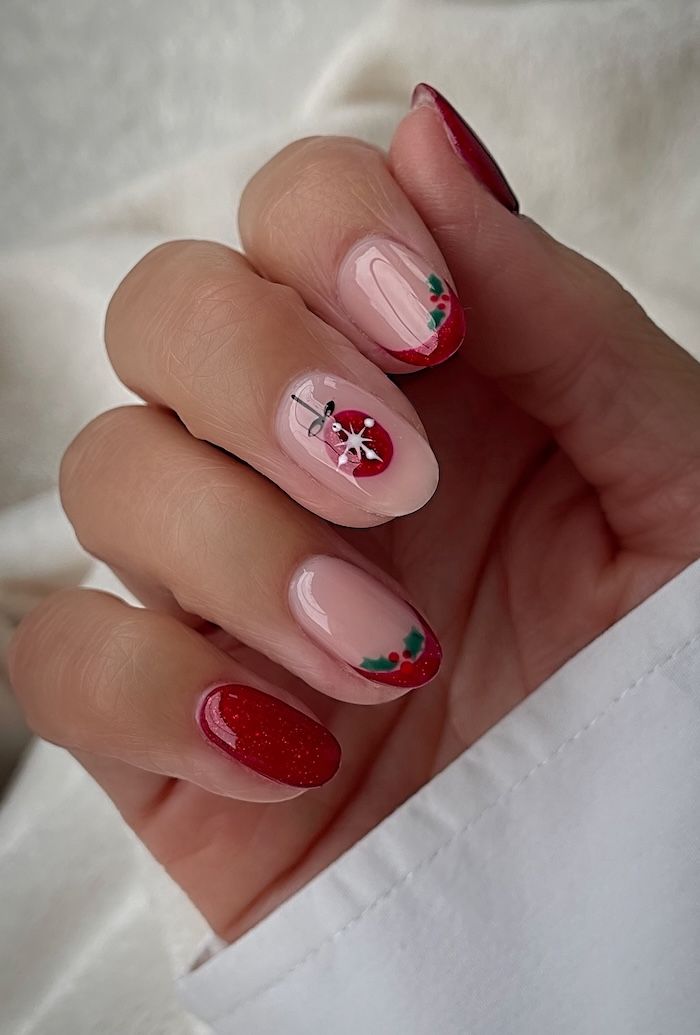 Medium Oval Red French with Holly Accents Medium Oval Red French with Holly Accents — Red Christmas Nails 2026