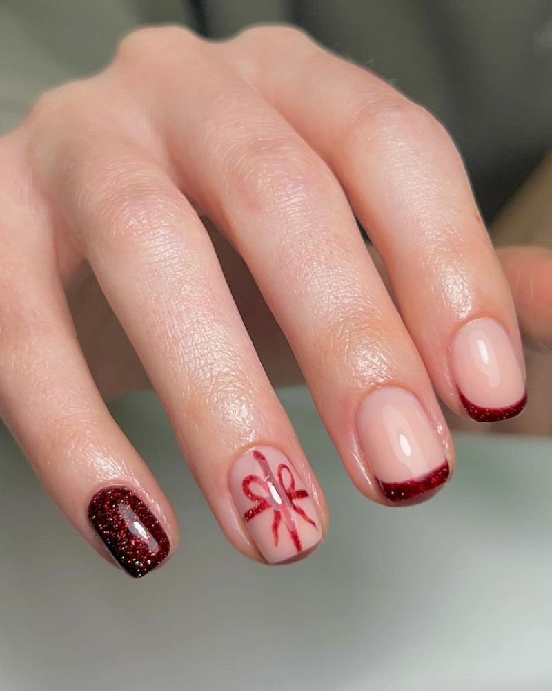 Sheer Nude Red Glitter French Bow Nails — Short Christmas Square Nails 2026
