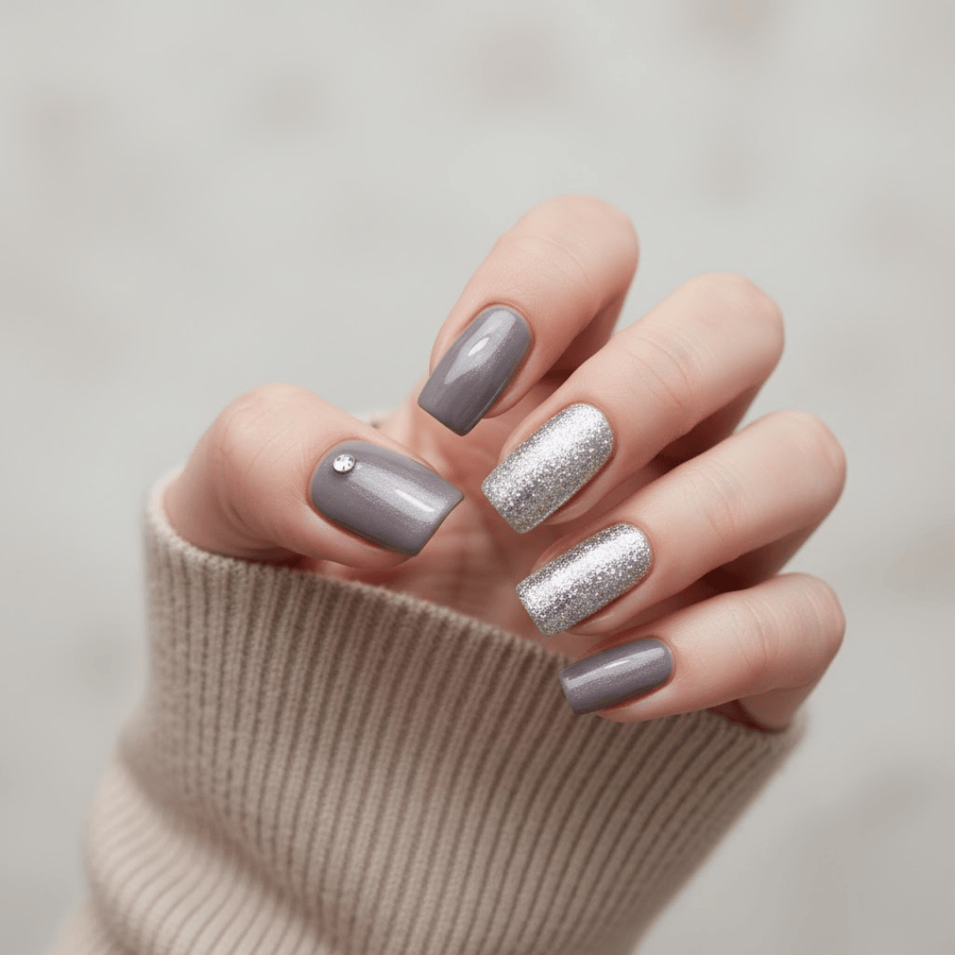 Grey with Silver Glitter and Rhinestone Accent Grey with Silver Glitter and Rhinestone Accent — Cozy Winter Nails
