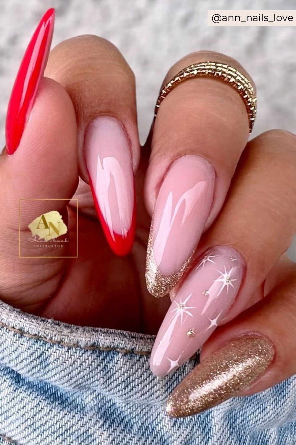 Red Stilettos with Gold Glitter French Tips Red Stilettos with Gold Glitter French Tips — Christmas Stiletto Nails 2026