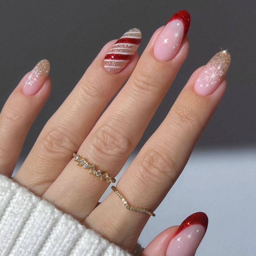 Candy Cane Stripes and Snowflakes on Medium Oval Candy Cane Stripes and Snowflakes on Medium Oval — Christmas Nails for Kids 2026