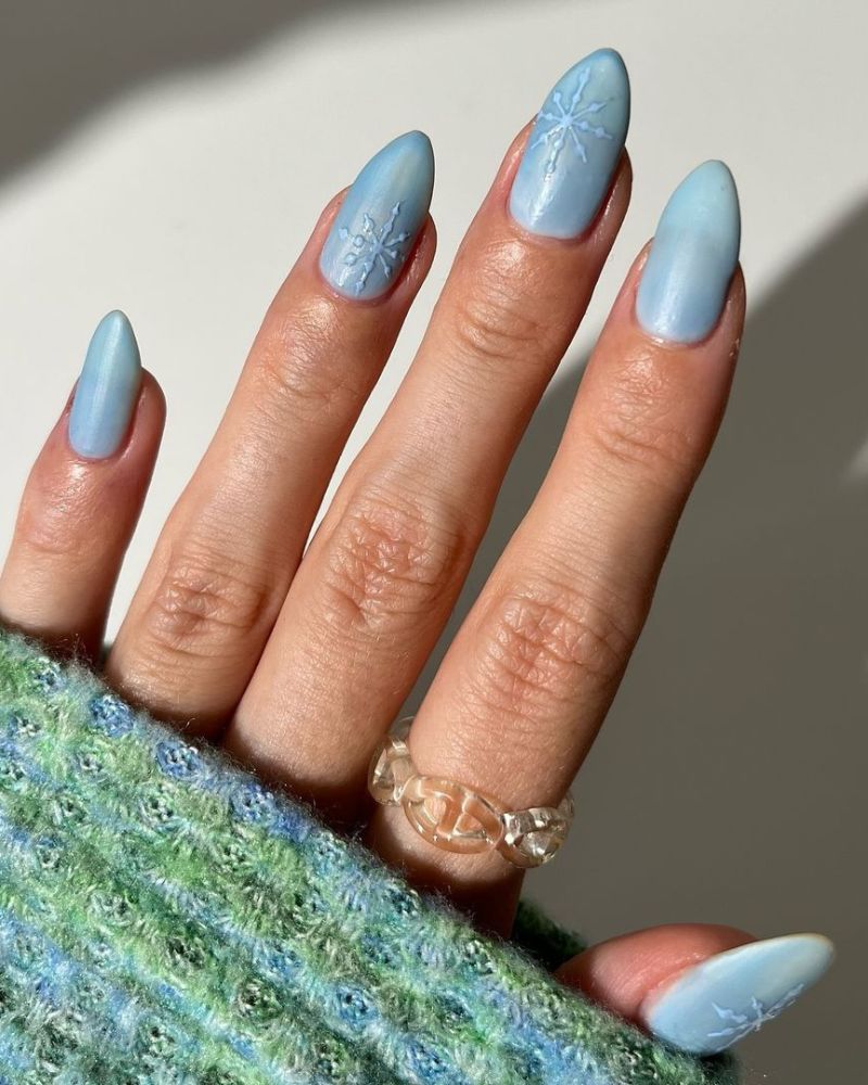 Matte Light Blue with Embossed Snowflakes Matte Light Blue with Embossed Snowflakes — Winter Nails for School