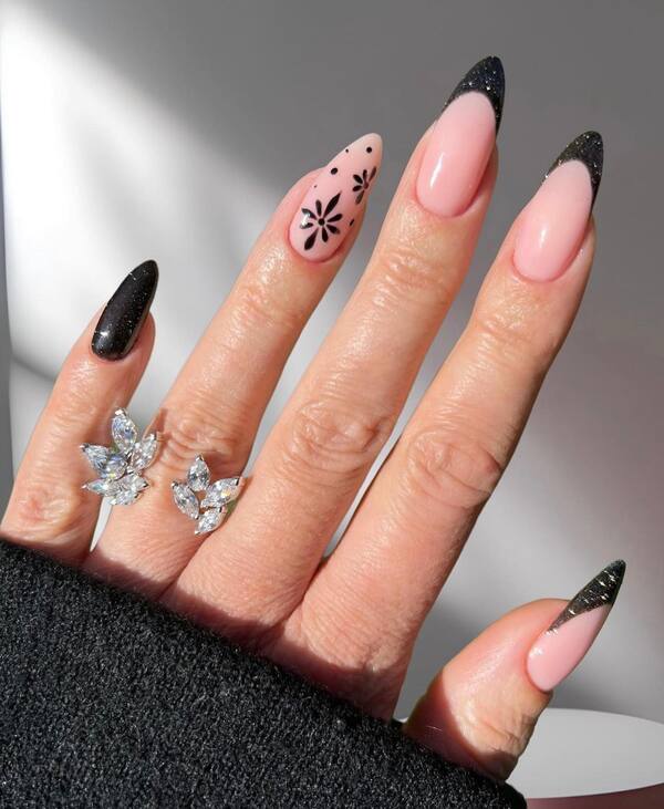 Black French Tips with Floral Accent Black French Tips with Floral Accent — New Years Stiletto Nails 2027