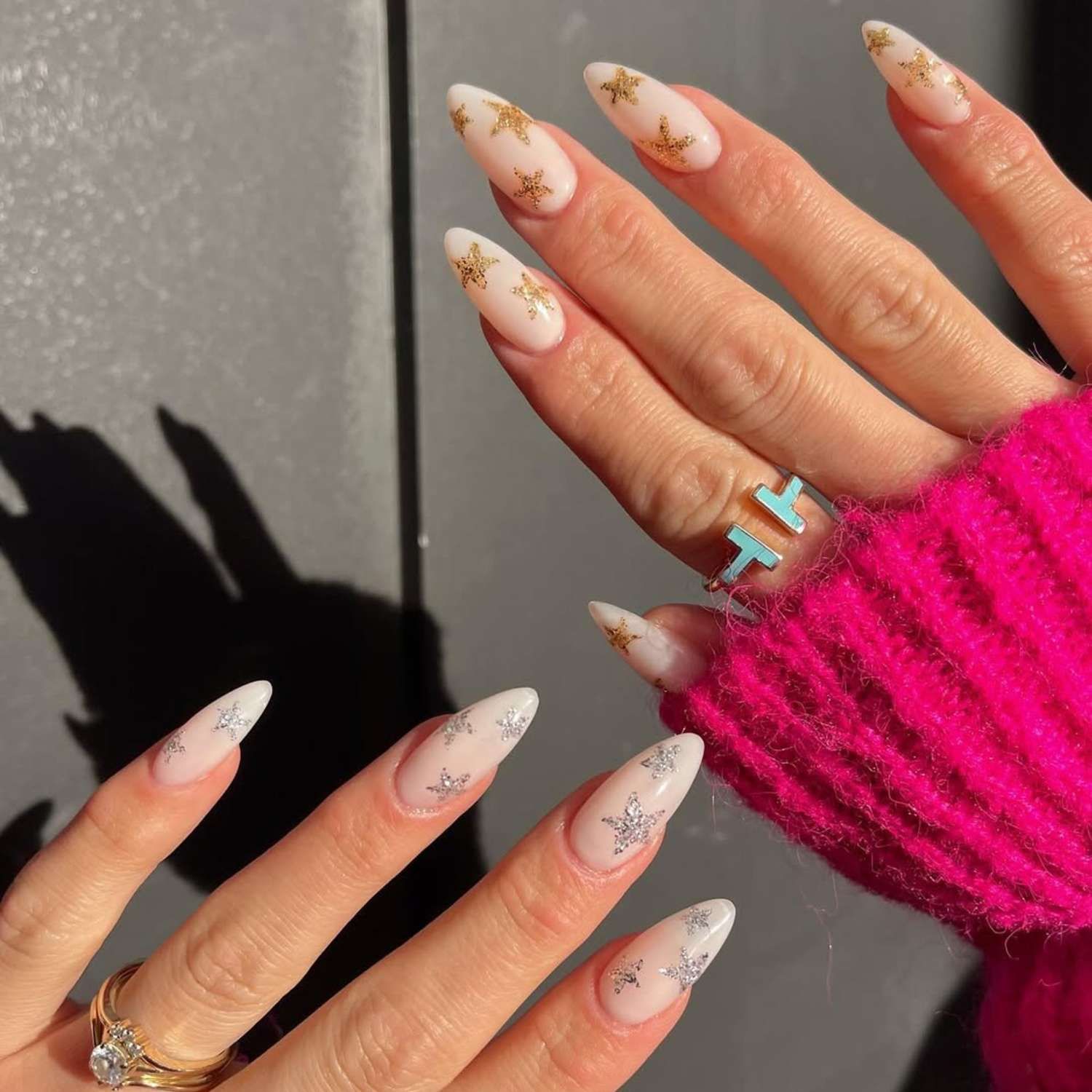 Glitter Star White Almond Nails — New Years Almond Nails 2027