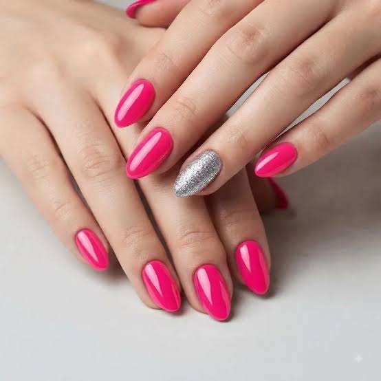 Hot Pink Glitter Accent Almond Nails Hot Pink Glitter Accent Almond Nails — Holiday Party Nails 2026