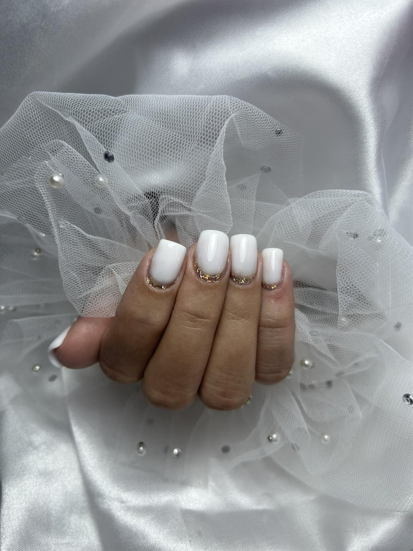 Gold Glitter At The Cuticle Line Visual Idea Gold Glitter At The Cuticle Line Visual Idea — Milky White Nails
