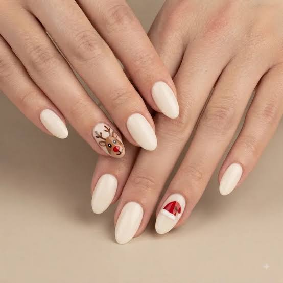 Off-White Reindeer Santa Hat Nails Off-White Reindeer Santa Hat Nails — Christmas Acrylic Nails 2026