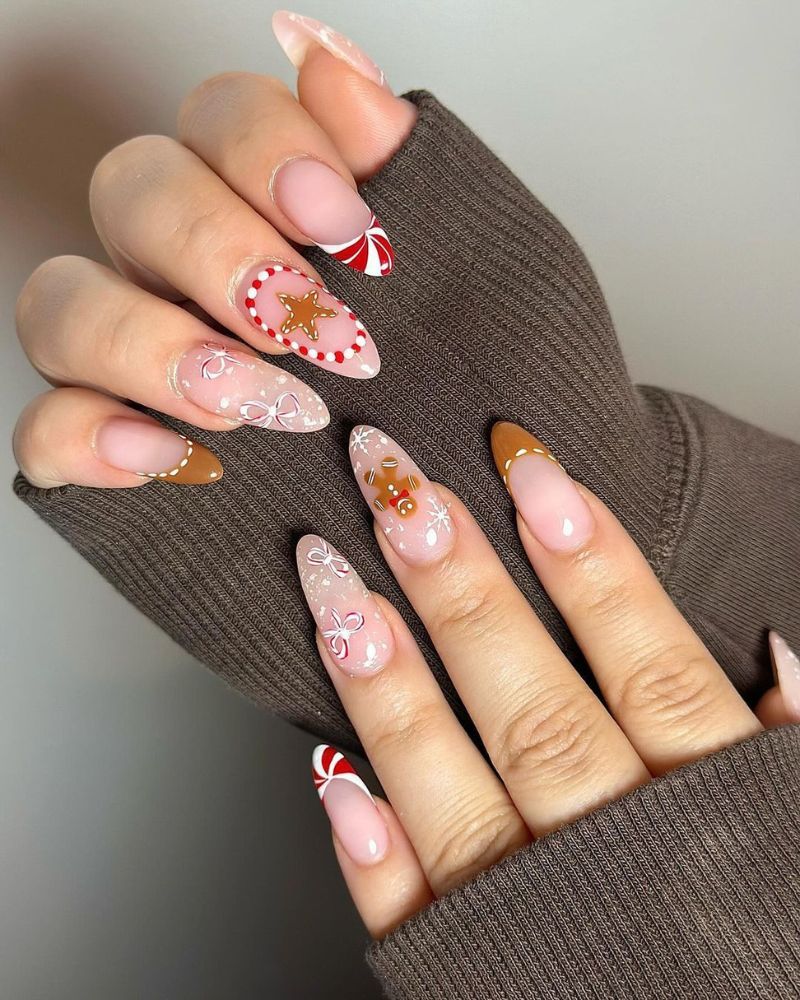 Nude Base White Red Brown Pink Accents Visual Idea Nude Base White Red Brown Pink Accents Visual Idea — Christmas Oval Nails 2026