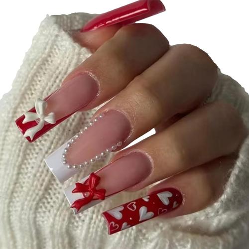 Glossy Extra Long Square French with Red Bows and Pearls Glossy Extra Long Square French with Red Bows and Pearls — Winter Bow Nails