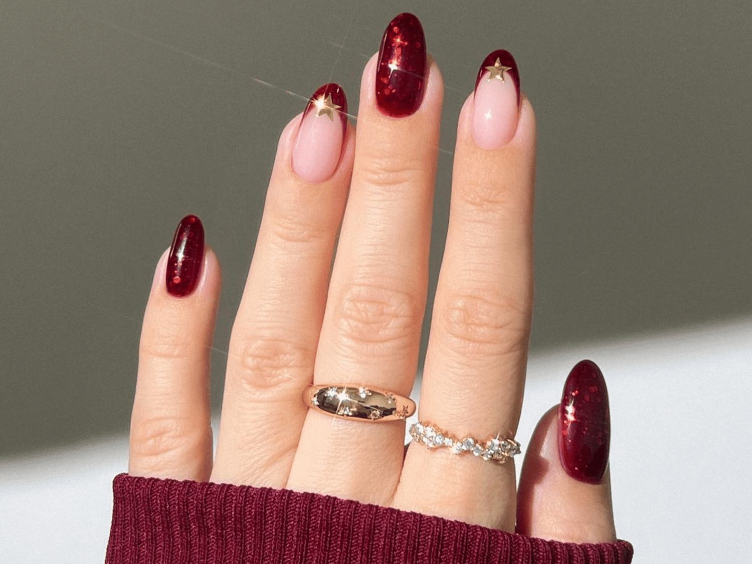Deep Red Glitter French Tip Almonds Deep Red Glitter French Tip Almonds — Short Christmas Almond Nails 2026