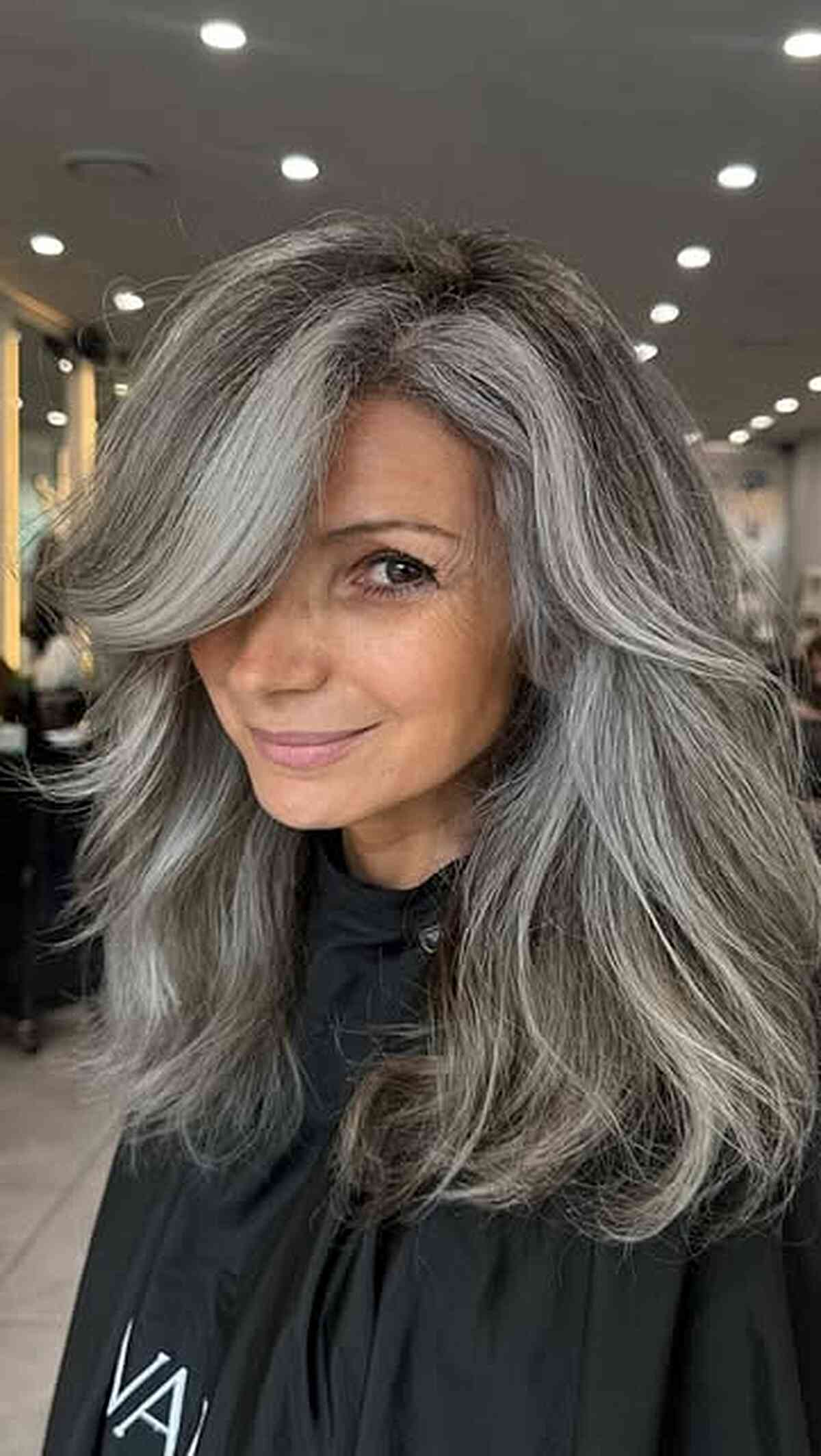 Thick Salt and Pepper Blowout Thick Salt and Pepper Blowout — Winter Haircuts for Women Over 50