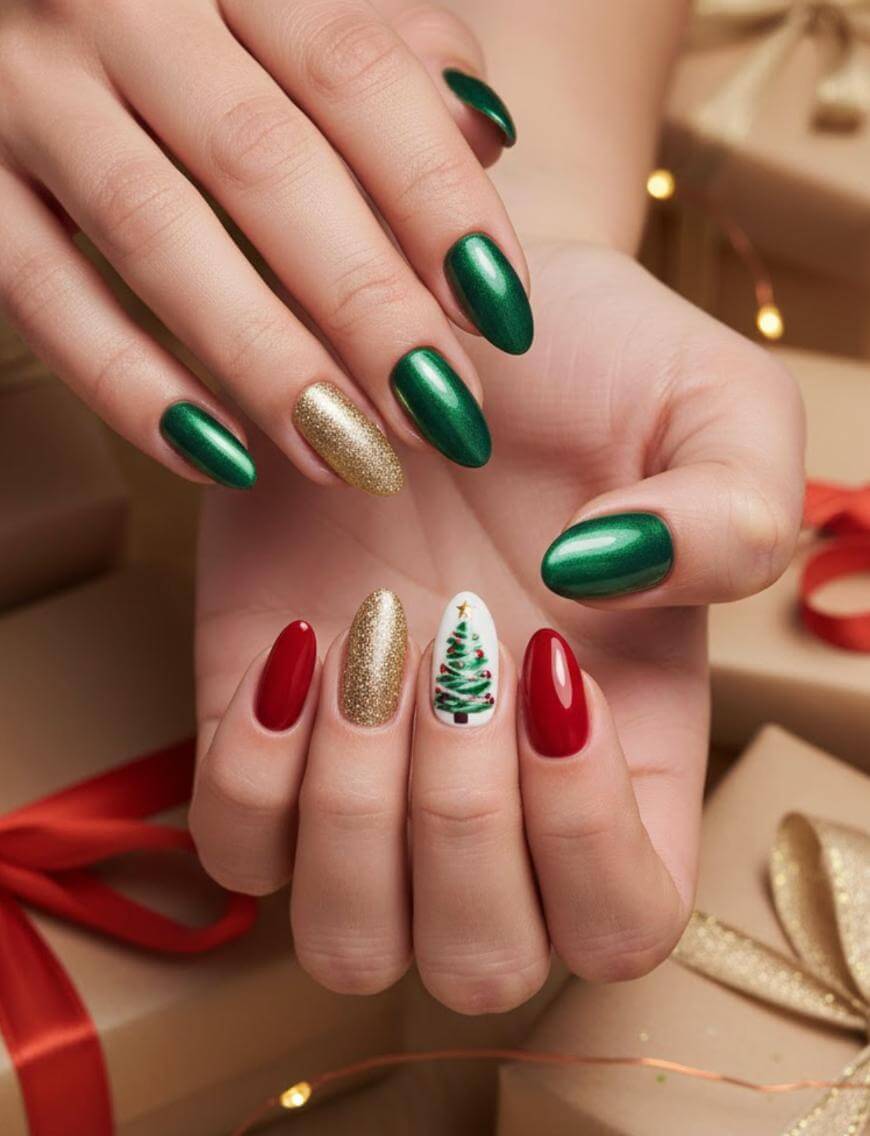Dark Red Almond Nails with Scattered Gold Dots Dark Red Almond Nails with Scattered Gold Dots — Red and Gold Christmas Nails 2026