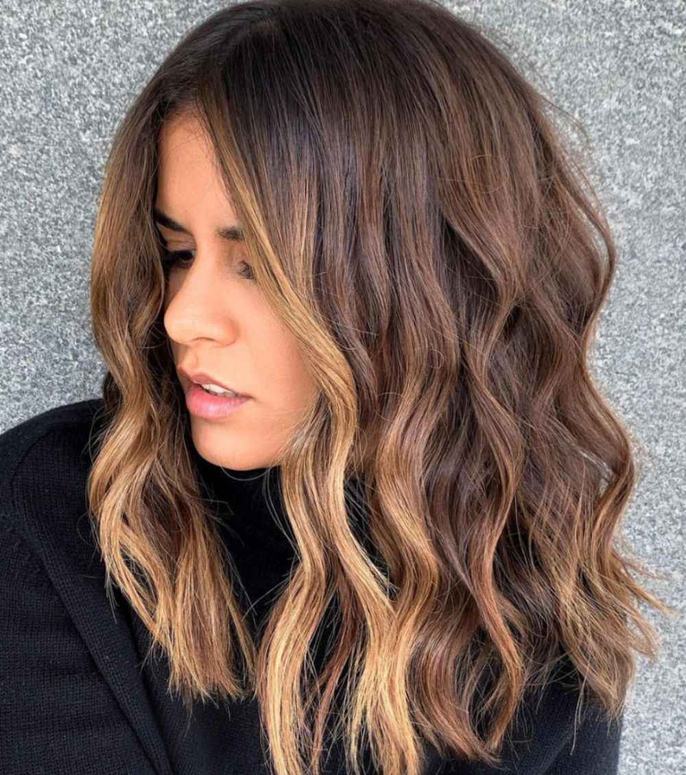 Medium Brown With Caramel Highlights Collarbone Medium Brown With Caramel Highlights Collarbone — Winter Brown Hair Colors