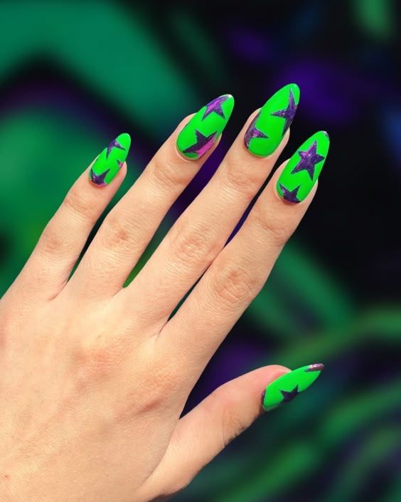 Neon Green with Purple Stars — Green Christmas Nails 2026