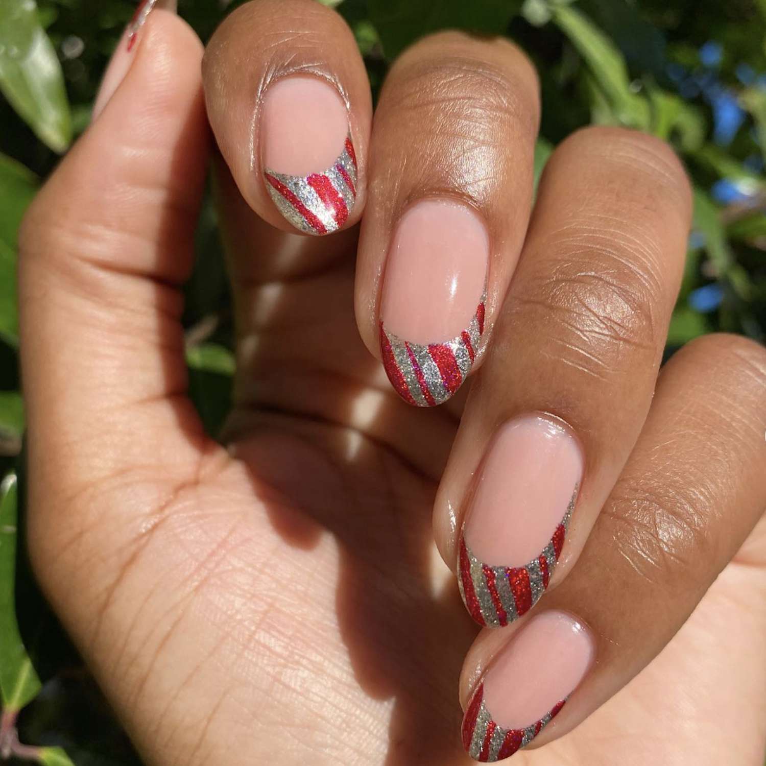 Striped Glitter French Almond Nails Striped Glitter French Almond Nails — Christmas Nails for Teens 2026