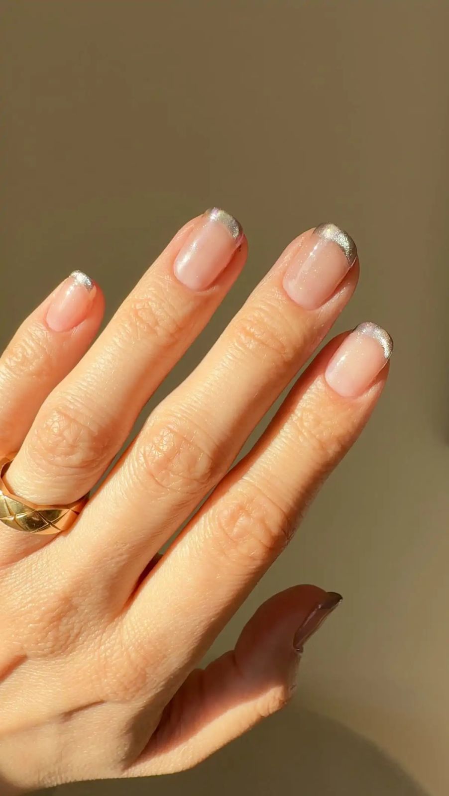 Short Square Pink Silver Metallic French — Winter Champagne Nails