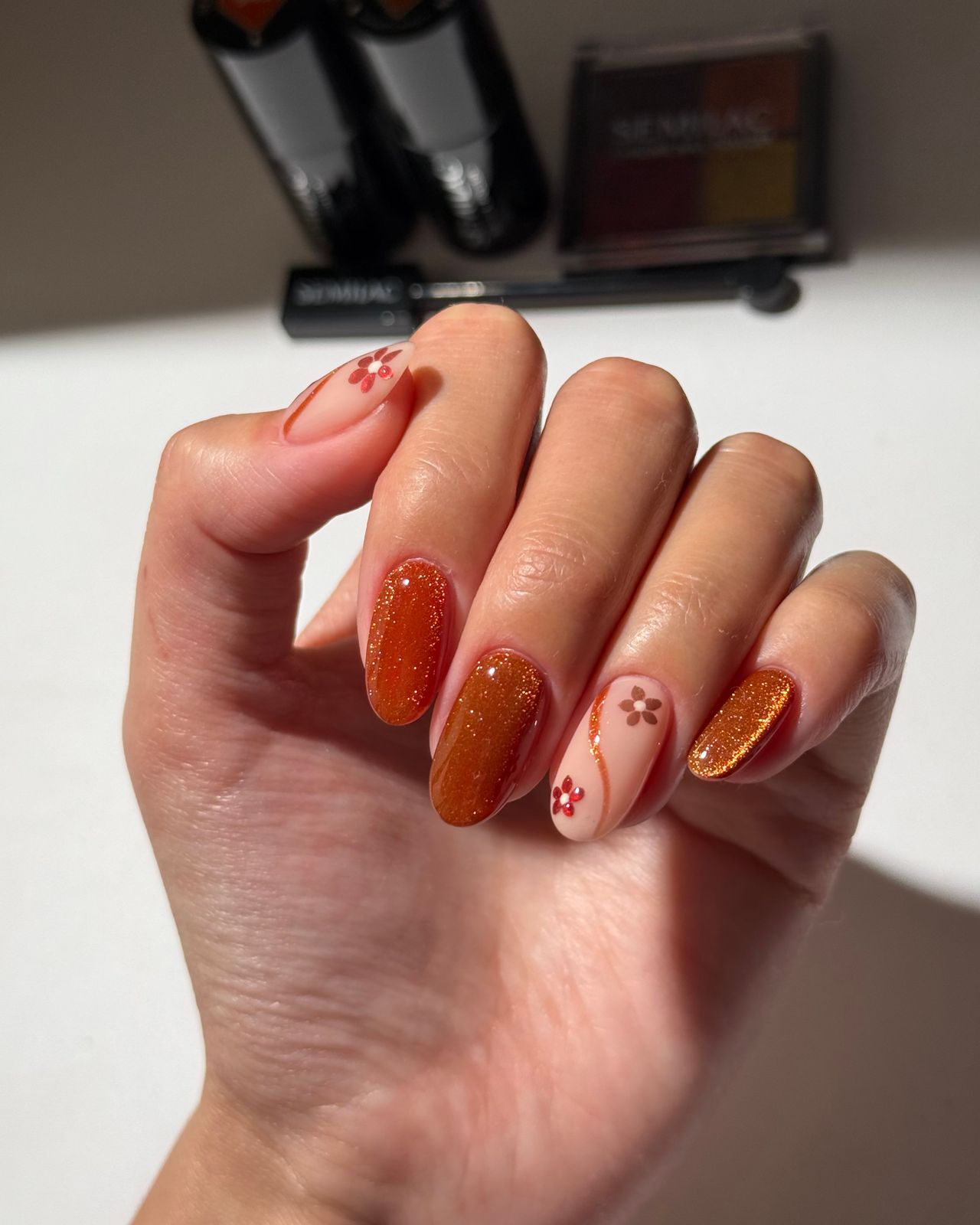 Nude Floral Glitter Accent Nails Nude Floral Glitter Accent Nails — Winter Nail Colors for Short Nails
