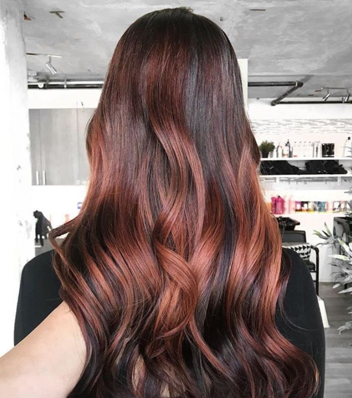 Mid-Back Waves Dark Base Vibrant Auburn Balayage Mid-Back Waves Dark Base Vibrant Auburn Balayage — Winter Auburn Hair Color