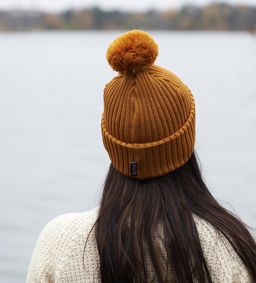 Mid-Back Dark Brown Waves With Mustard Beanie — Winter Hat Hairstyles