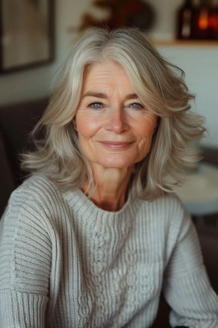 Silver Grey Layered Lob With Side Bangs — Medium Length Winter Haircuts
