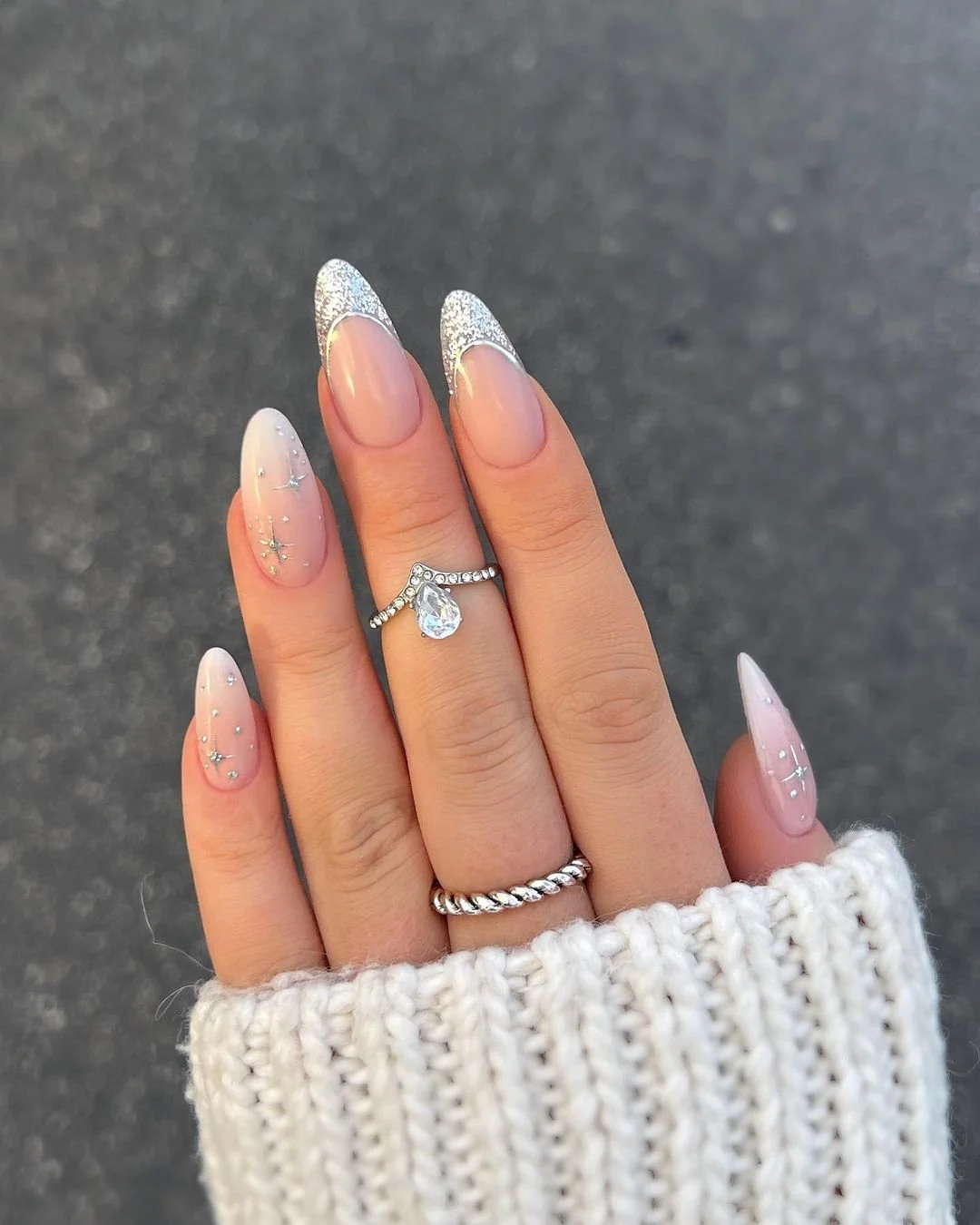 Silver Glitter French Almond Nails Silver Glitter French Almond Nails — NYE Nails 2027
