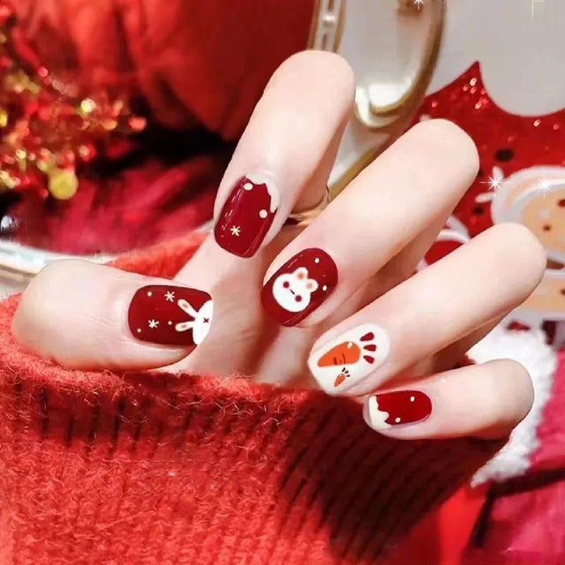Deep Red White Beige Visual Idea — Short Christmas Square Nails 2026