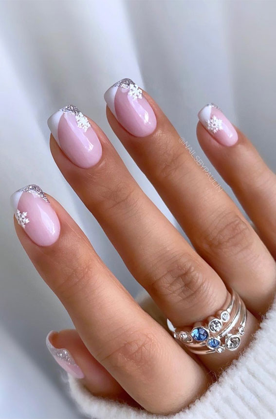 Winter French with Glitter and Snowflakes Winter French with Glitter and Snowflakes — Short Winter Acrylic Nails