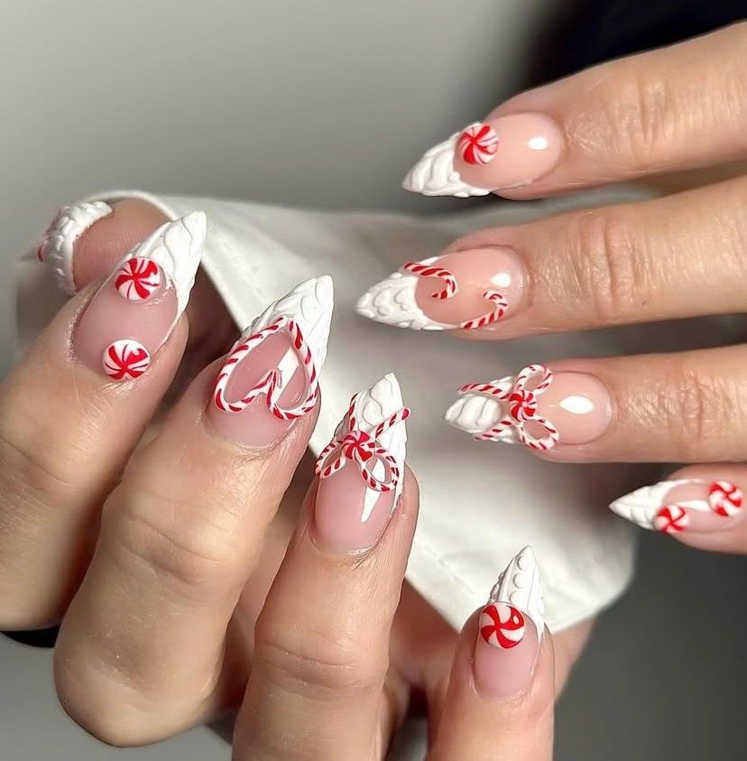 3D Candy Cane Bow Stilettos 3D Candy Cane Bow Stilettos — Christmas Stiletto Nails 2026