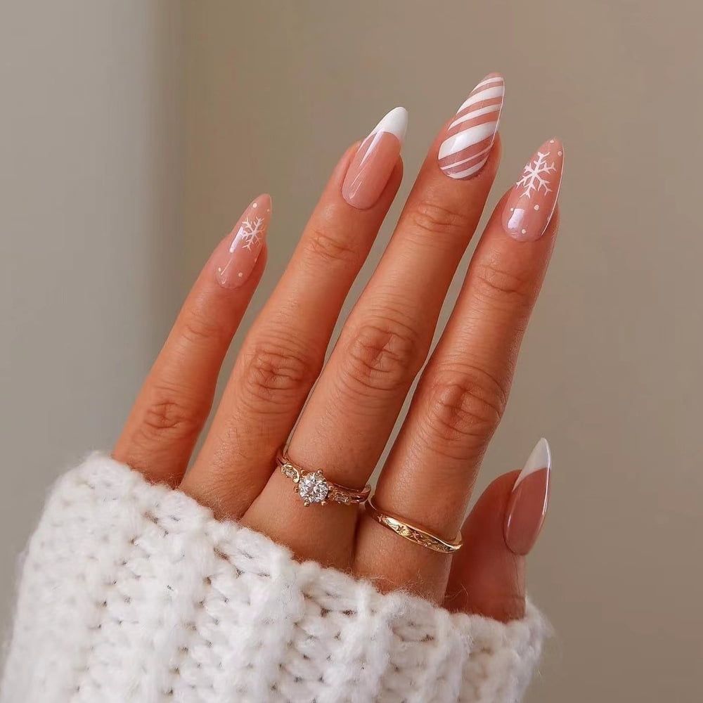 Candy Cane Stripe Snowflake French Almonds Candy Cane Stripe Snowflake French Almonds — Christmas Almond Nails 2026