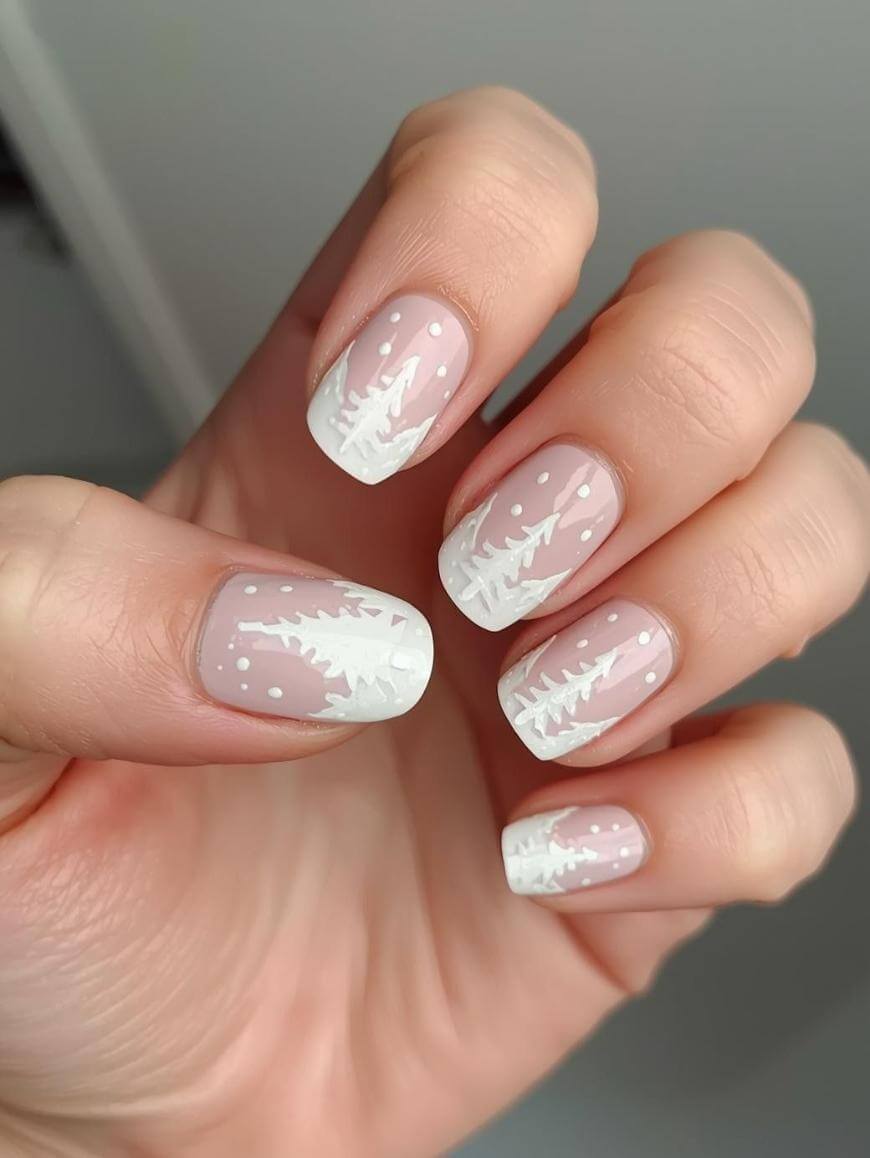 Short Square Nude with White Pine Tree Tips Short Square Nude with White Pine Tree Tips — Winter Nail Art Simple