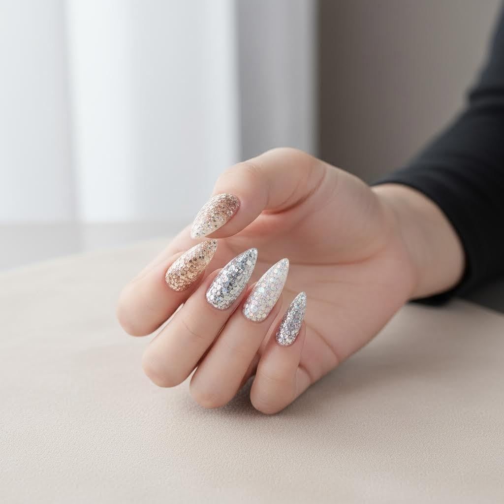 Glitter Visual Idea — Winter Champagne Nails