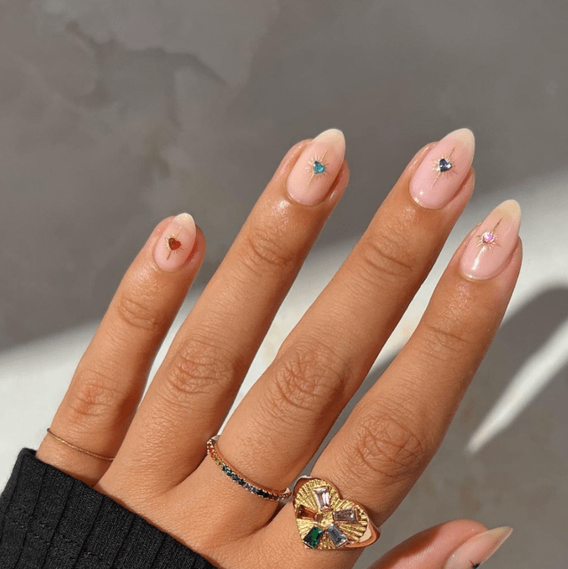Sheer Pink with Heart Rhinestone Accents Sheer Pink with Heart Rhinestone Accents — Winter Birthday Nails