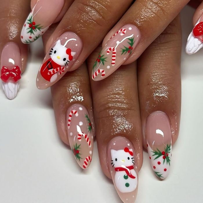 Clear Base Red Green White Accents Visual Idea — Hello Kitty Christmas Nails 2026