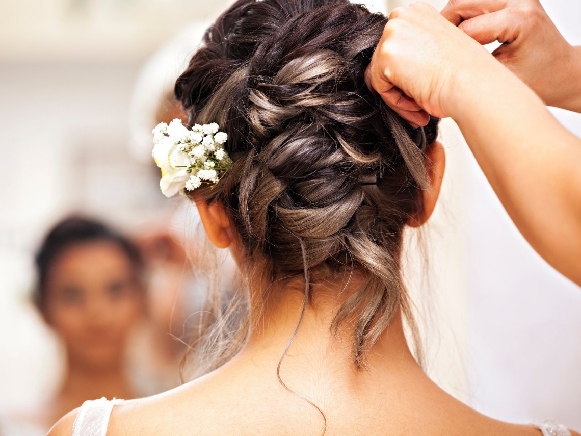 Mid-Back Dark Brown Updo With Highlights — Winter Wedding Guest Hairstyles