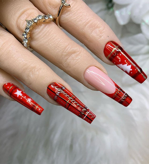 Red Plaid Gold Foil Star Coffin Nails Red Plaid Gold Foil Star Coffin Nails — Christmas Coffin Nails 2026