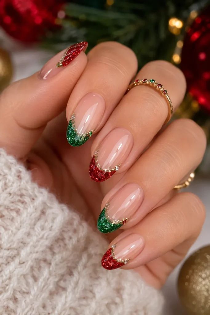 Glitter French Tip Almonds Glitter French Tip Almonds — Red and Green Christmas Nails 2026