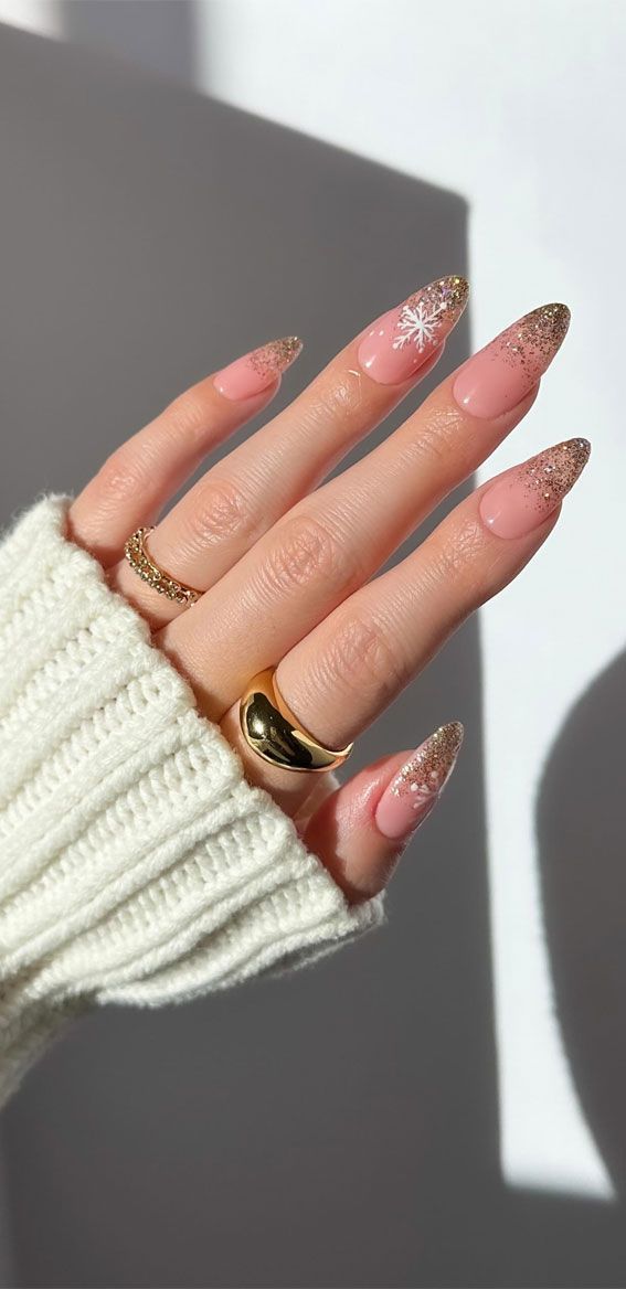 Pale Pink Gold Glitter Snowflake French — Cute New Years Nails 2027
