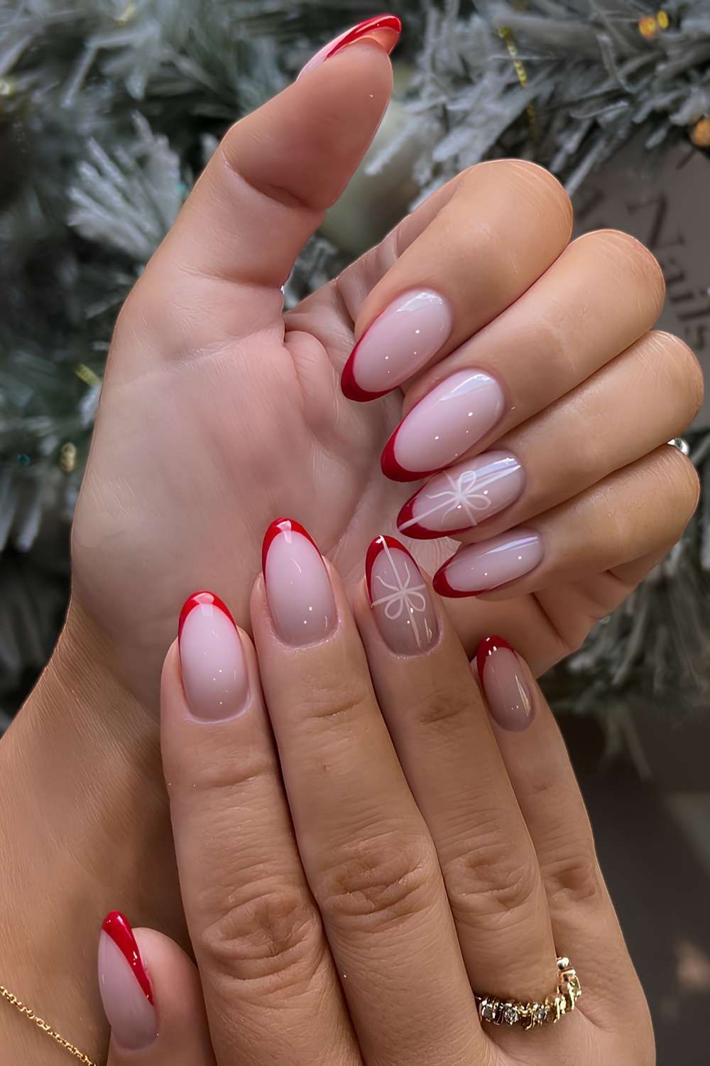 Medium Almond Red French White Bow Nails Medium Almond Red French White Bow Nails — Simple Christmas Nails 2026