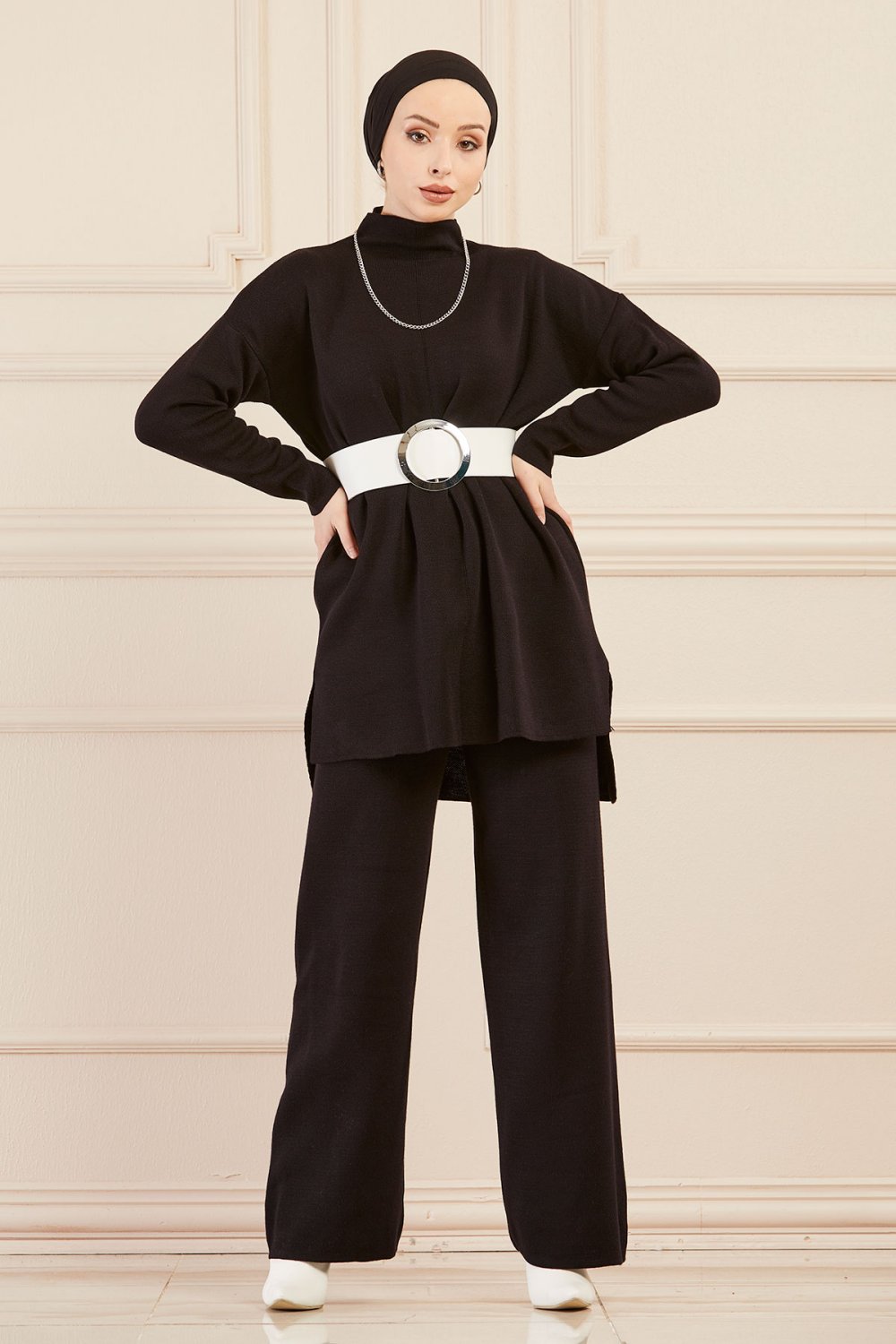 Black Knit Set with Statement White Belt Black Knit Set with Statement White Belt — Modest Winter Outfits