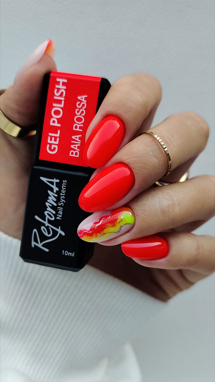 Vibrant Red with Abstract Yellow and Silver Streaks Vibrant Red with Abstract Yellow and Silver Streaks — Cherry Red Nails