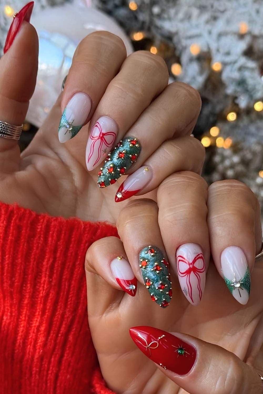 Clear Red Bow Green Glitter Stiletto Nails Clear Red Bow Green Glitter Stiletto Nails — Cherry Red Christmas Nails 2026