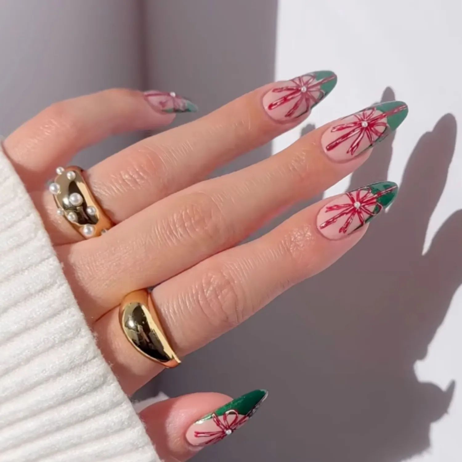 Sheer Nude Coffin with Festive Bows Sheer Nude Coffin with Festive Bows — Long Christmas Nails 2026