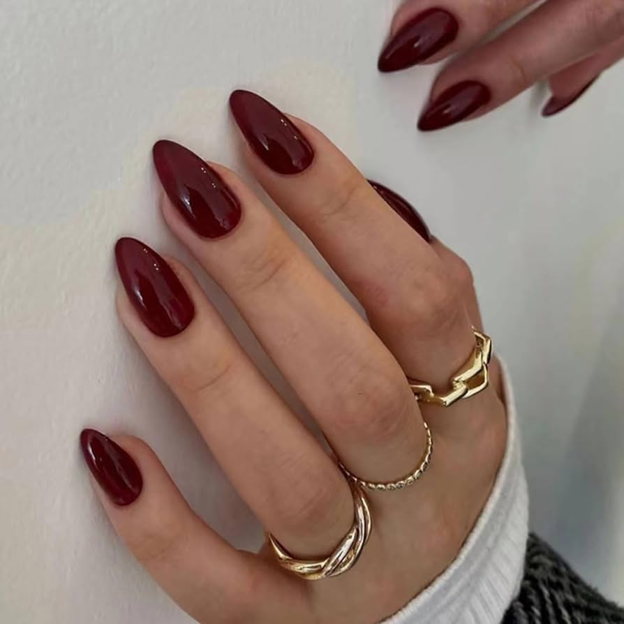 Deep Glossy Red Medium Almond Nails Deep Glossy Red Medium Almond Nails — Black Cherry Nails