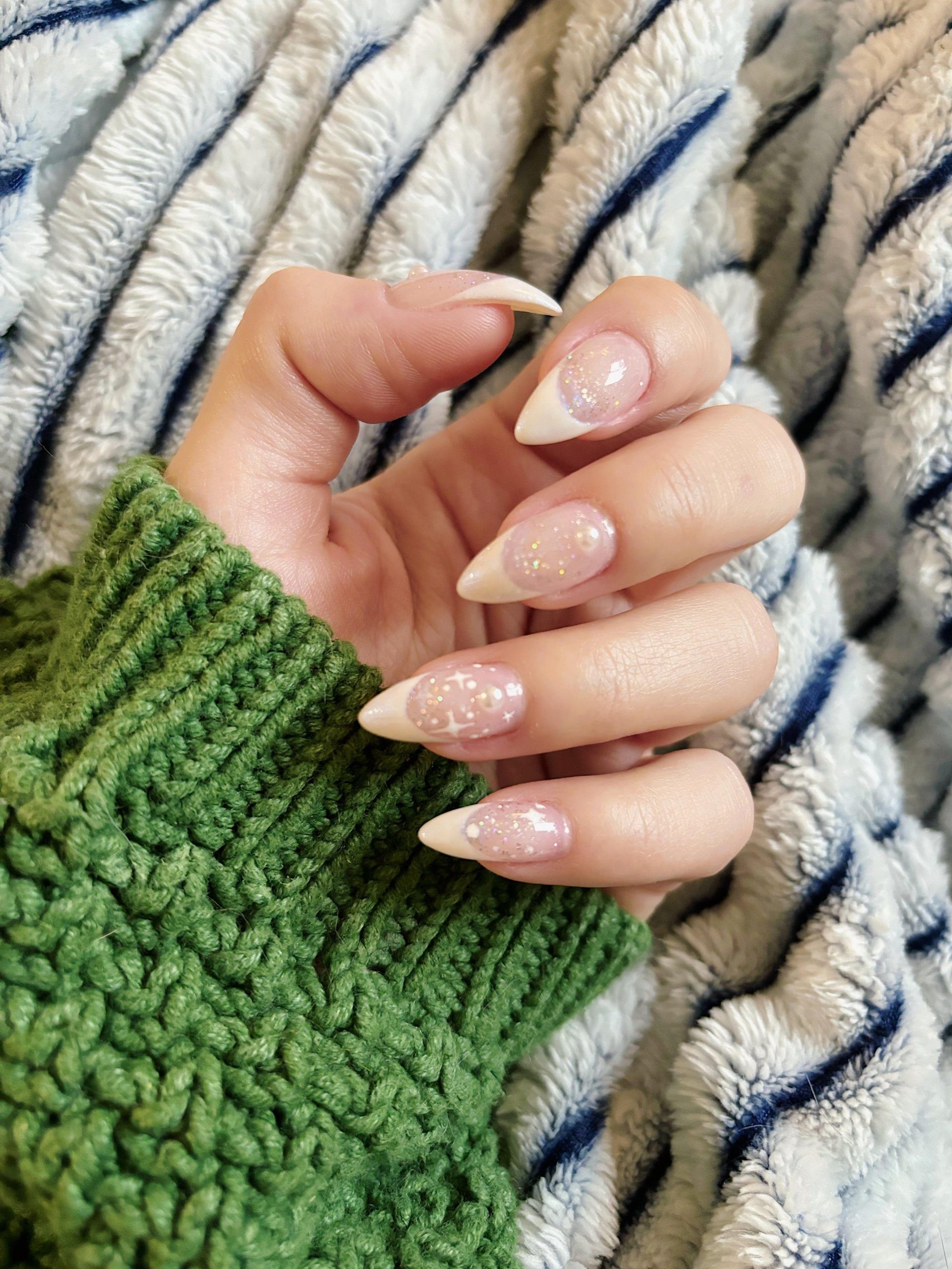 Medium Almond Milky French Pearl Glitter Nails Medium Almond Milky French Pearl Glitter Nails — New Years Eve Nails 2027