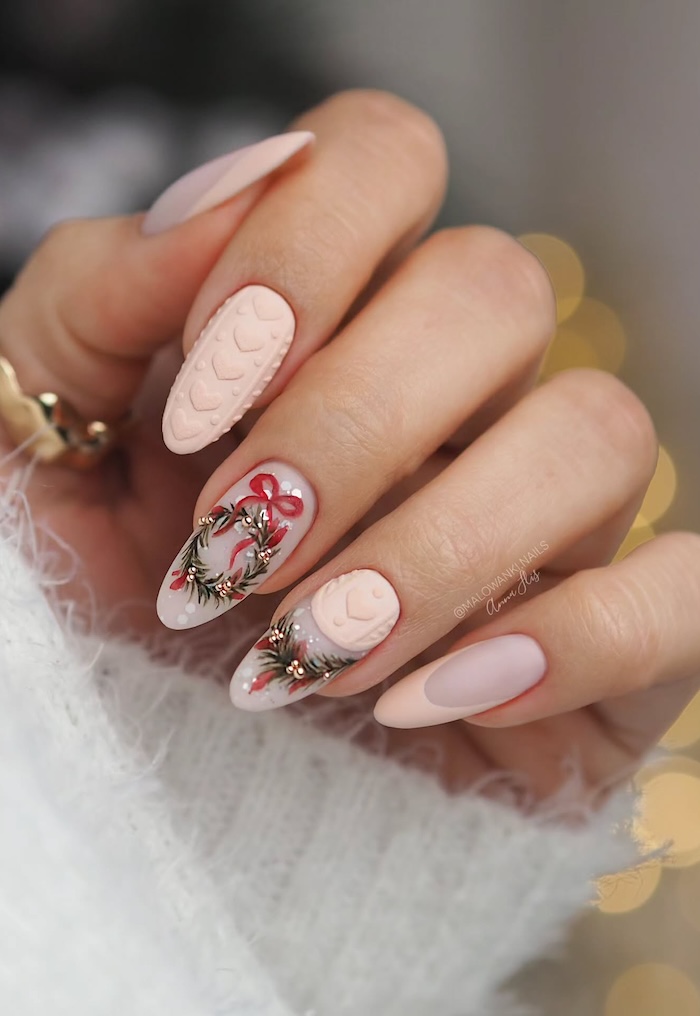 Festive Wreath & Cable Knit Almond Nails Festive Wreath & Cable Knit Almond Nails — Cozy Winter Nails