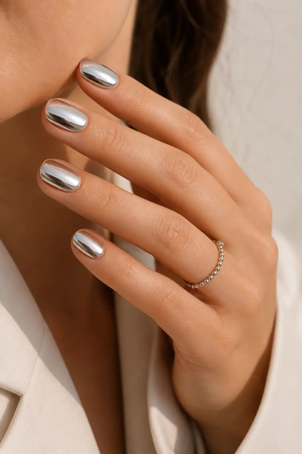 Flawless Chrome on Short Oval Nails Flawless Chrome on Short Oval Nails — Silver Chrome Nails