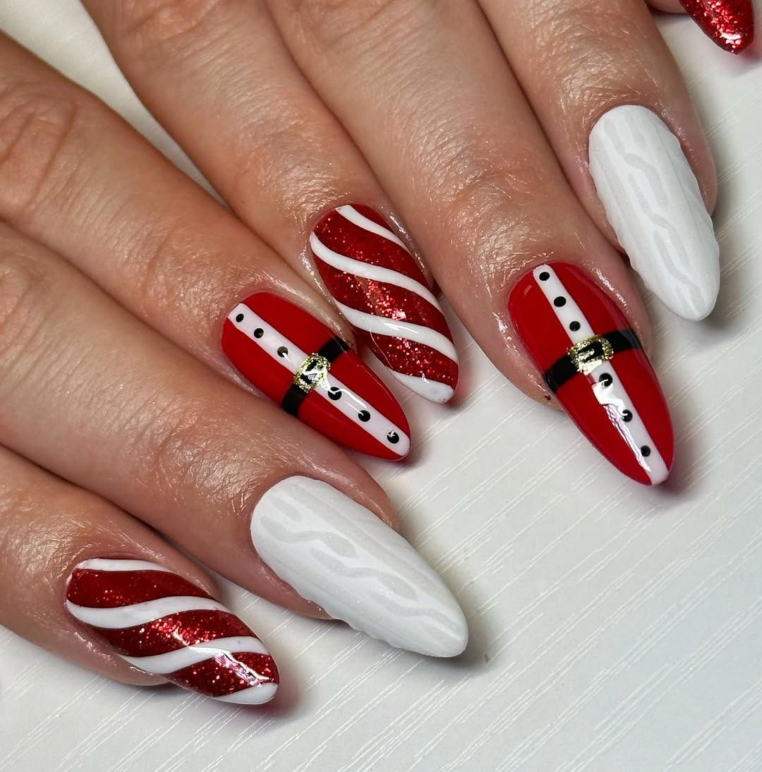 Santa Suit Stilettos with Glitter Candy Canes Santa Suit Stilettos with Glitter Candy Canes — Long Christmas Nails 2026