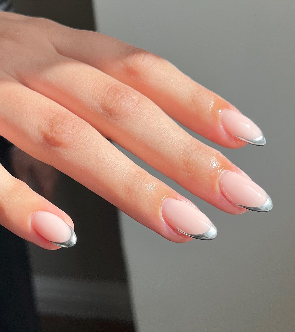 Thin Silver French Tips on Medium Almonds Thin Silver French Tips on Medium Almonds — New Years French Tip Nails 2027